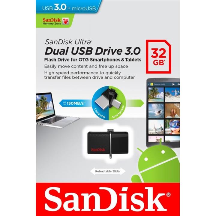 فلش مموری USB-OTG سن دیسک مدل آلترا دوآل ظرفیت 32 گیگابایت SanDisk Ultra Dual USB OTG Flash Drive - 32GB